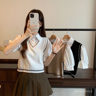【桃園發貨免運】❥熱賣❥時尚學院風假兩件polo領拚接針織泡泡袖短款襯衫上衣女夏季新款 BZIW