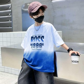 童裝 男童短袖 大童衣服 純棉T恤 漸變上衣 休閒五分袖 中大童打底衫 2025夏季新款 男孩炸街痞帥T恤H3