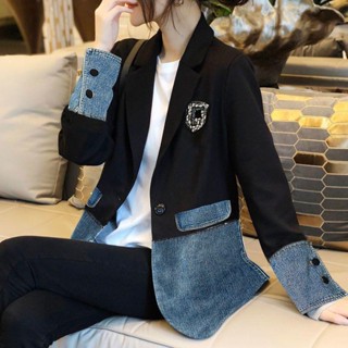 鹿小姐✨M-4XL大尺碼外套 大碼秋裝2023年新款女裝黑色氣質西裝拼接牛仔時尚外套 韓國女裝🔥