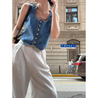 【Sweet Oversize】藍色u領無袖牛仔背心馬甲女夏季小香風短款坎肩西裝馬夾外穿上衣