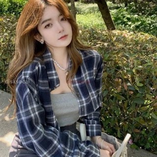 ⚡促銷熱賣⚡韓系寬鬆格子防曬襯衫上衣女 襯衫女短款設計感小眾寬鬆格子長袖襯衣外套 2025春秋黑色上衣