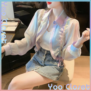 Yoo Closet|紮染漸變雪紡襯衫女 夏季新款韓版薄款透氣防曬衣女 防紫外綫抽繩短款氣質時尚外套上衣 長袖女上衣