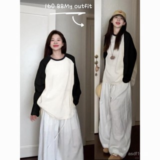 臺灣熱賣趙露思衕款T恤女款秋季插肩長袖寬鬆上衣黑白內搭打底衫美式穿搭
