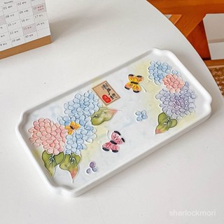 【臺灣出貨🔥】日式瀨戶燒繡球花手彩手繪10英寸如意盤釉下彩陶瓷茶盤