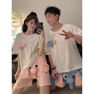 痞潮MAX 情侶睡衣ins搞怪卡通大象睡褲夏季短袖男女薄款寬松家居服兩件套 套裝 睡衣男 短袖睡衣 家居服