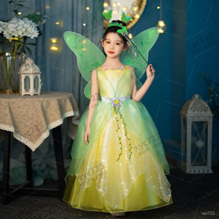 萬聖節裝扮 女童洋裝女童小精靈錶演服裝小叮噹綠色蓬蓬禮服翅膀洋氣長裙走秀主持人服 4O7J