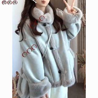 🌸櫻花巷內🌸臺灣出貨 麂皮絨皮草外套女 短款外套 2024新款韓版寬鬆機車服加厚皮毛一體大衣冬 大衣外套 毛絨外套