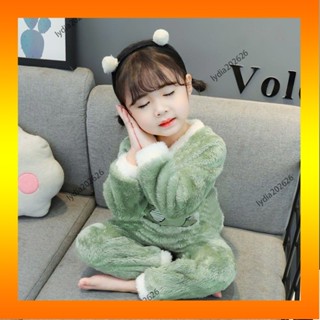 [Emily樂購優選]女童睡衣法蘭絨卡通恐龍睡衣睡褲兩件套秋冬珊瑚絨男童幼童小孩家居服套裝