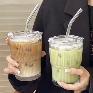 樸舍⚡臺灣出貨🔥豎紋杯ins 吸管水杯 早餐杯子 大容量咖啡杯 玻璃杯帶蓋 水杯 吸管杯子 隨行杯 吸管玻璃杯 環保杯
