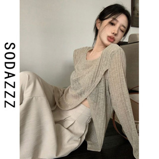 臺灣出貨CHIC FLORA✨SODAZZZ辣妹不規則開叉微透長袖防曬罩衫女秋季外搭寬鬆薄款上衣
