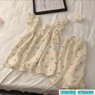 睡衣女夏天吊帶小飛袖小櫻桃INS風櫻桃睡衣套裝🍒吊帶網紅新款純棉甜美公主家居服兩件套 7AMI