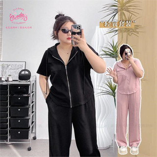【XL~8XL】夏季大碼150KG套裝女胖人連帽短袖拉鏈上衣顯瘦休閒百搭闊腿長褲【元氣衣研所】