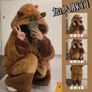 🔥臺灣發貨🔥 卡皮巴拉珊瑚絨睡袍加絨加厚睡衣女冬季新款法蘭絨保暖居家服高定