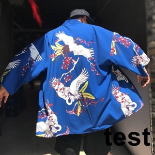 ★夜夜生活館★新品 防曬衣日系仙鶴印花小外套外套男潮牌寬鬆情侶和服襯衫BF原宿風道袍CBV