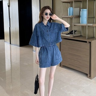 鹿小姐✨牛仔短褲 短褲女 牛仔寬褲 牛仔褲女 五分褲女 套裝女外套牛仔短褲夏學生裝韓版港風時尚百搭胖mm洋氣兩件套