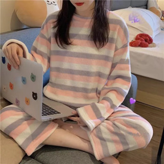 套裝衣服家居服韓版睡衣日系可愛大碼韓國睡衣珊瑚絨睡衣女士新款春秋冬季加厚保暖法蘭絨大碼家居服套裝