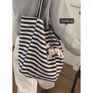 Bag House👜 【1.6萬人收藏】條紋帆布包包女秋季2024新款潮韓國學院風字母託特包休閒大容量包