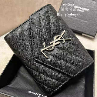優奢精品 YSL 聖羅蘭 403943 黑色 牛皮壓花 荔枝皮 銀標 三折錢包 錢夾 皮夾 短夾