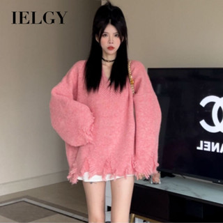 IELGY V領毛邊流蘇設計毛衣女韓版寬鬆針織毛衣
