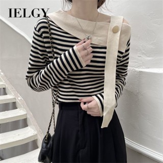IELGY 不規則露肩撞色條紋寬鬆長袖針織T恤女上衣