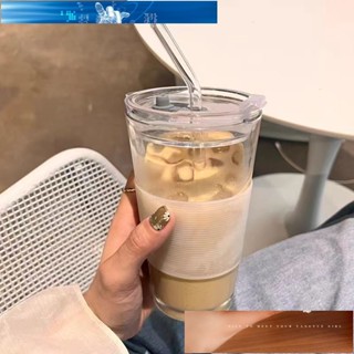 熱銷.簡約玻璃吸管杯JE推薦韓系夏季早餐杯學生便攜咖啡杯帶蓋辦公室水杯
