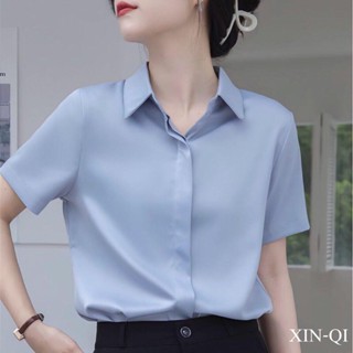 S-8XL 大尺碼上衣 短袖女 短袖上衣 寬鬆韓版 百搭polo領襯衫 OL襯衫 襯衫上衣 正韓上衣 上班族女生衣著
