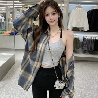 開衫 襯衫 女生上衣 美式復古撞色格子防曬襯衫長袖寬松薄款翻領襯衣外套修身洋氣外穿 大尺碼女裝 長袖襯衫 薄外套 襯衫女