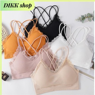 DIKK shop🎀蕾絲邊吊帶背心小可愛螺紋無縫交叉美背抹胸無鋼圈胸罩運動文胸內衣女防走光打底
