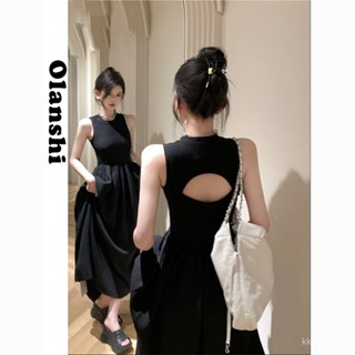 QB 免運 文藝復古風 氣質感 洋裝 假日穿搭 Olanshi黑色圓領無袖法式複古超僊連衣裙春季設計感鏤空露背長裙