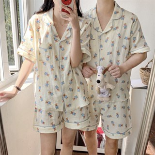 情侶睡衣女夏天開衫寬鬆短袖短褲薄款嬰兒棉感夏季居家服套裝睡衣男女可愛卡通睡衣大尺碼睡衣韓國家居服居家睡衣情侶睡衣套裝