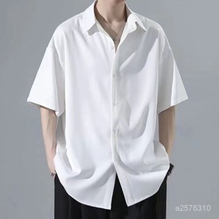 爆款熱賣❤2025冰絲寬鬆垂感白色襯衫男短袖夏季高階感痞帥男士休閒男裝襯衣 KNA3