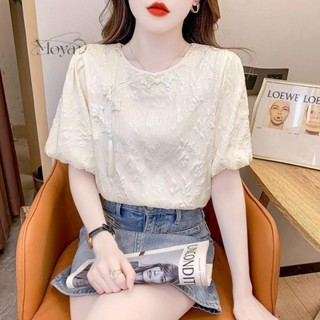 爆款國風盤扣杏色短袖夏季新款法式別致泡泡袖洋氣絕美薄款上衣女 國風 旗袍風 盤扣上衣 新中式短袖t恤 寬鬆上衣 復古 禪