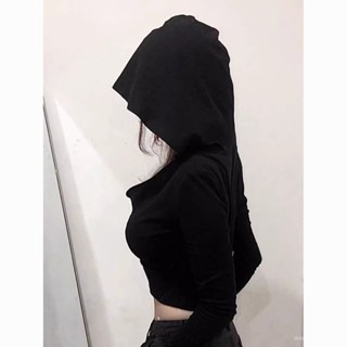 y2k 帽t 廢土風 帽t美式 帽踢韓國 taiwan 帽t 黑色連帽T恤秋季新款辣妹上衣短款露臍設計感美式修身蕩領長袖