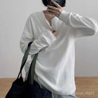 💎限時下殺💎慵懶風 華夫格長袖T恤女 秋季新款 韓版 寬鬆 百搭 顯瘦上衣 圓領長袖 女生長袖上衣 XFCC