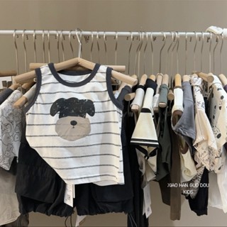 🌈Yi JiA寶貝屋🎀兒童新款夏條紋寬松小狗印花純棉背心t恤百搭韓系男女童休閑上衣
