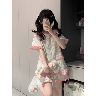 可愛粉色兔子睡衣女夏季短袖短褲日係娃娃領學生可外穿家居服套裝 純棉睡衣 居家服 睡裙 可愛睡衣 家居服 卡通女生睡衣