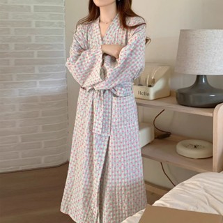 日係睡衣浴袍女睡袍 秋季新款甜美愛心格子寬鬆浴袍 長袖長款ins風和服睡袍 溫泉浴室浴袍 海邊沙灘旅遊睡袍 休閒家居服