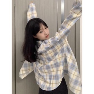 小可家美式複古藍色格子襯衫女小個子長袖襯衣夏天外套薄款防曬外穿上衣 夏季外套 防曬外套 透氣外套 夏天外套女 薄款外套