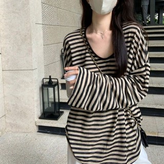 [Heart 心跳]薄款防曬罩衫 薄款條紋防曬罩衫顯瘦長袖T恤女空調衫休閒寬鬆慵懶上衣 長袖T恤 防曬罩衫 長袖T賉