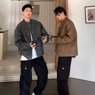 🍎小眾復古PU皮夾克男士 春秋潮牌做舊設計柳丁金屬拉鍊外套男生 新款時尚潮流立領皮衣機車服上衣男 M-3XL【S】