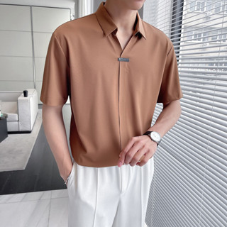 臺灣出貨V領短袖polo衫男士夏季2023新款冰絲休閒翻領t恤痞帥半袖男裝上衣 冰絲上衣 冰絲短袖 速幹短袖 男士短袖