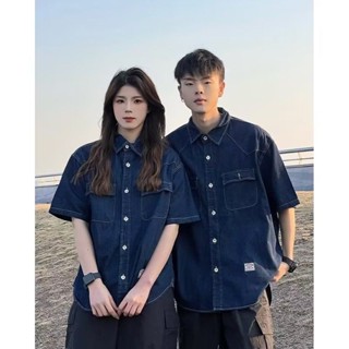 臺灣出貨夏季日係複古牛仔短袖襯衫男女美式潮牌寬鬆休閒翻領工裝襯衣外套 夏季襯衫 男生襯衫 透氣襯衫 防曬襯衫 韓係襯衫