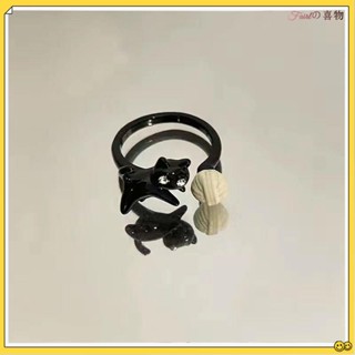 粉絲福利🎀韓國戒指 ins戒指 黑色貓咪戒指女小眾設計感開口可調節指環卡通搞怪套戒食指戒 閨蜜戒指 禮物首選