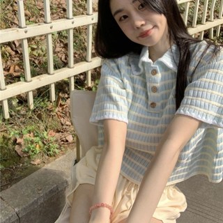 【PING'S🌞】夏季 新款 冰絲 T恤 小眾 設計感 顯瘦 條紋 針織衫 短袖 POLO領 上衣 女