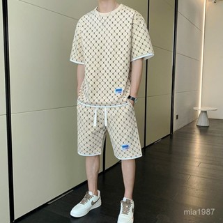 【53%迴購率】休閒套裝男潮夏季新款時尚格子冰絲短袖T恤青少年寬鬆運動兩件套