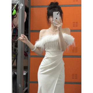 WIT#宴會禮服❤️甜妹辣妹名媛宴會白色禮服裙高階輕奢小眾法式氣質一字肩連衣裙女裝秋季生日小禮裙洋裝生日