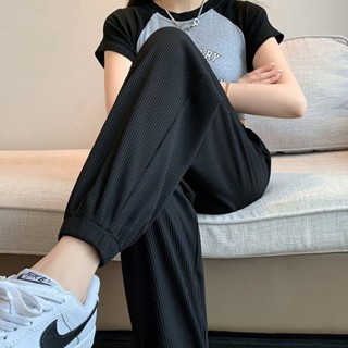 女生長褲 薄長褲 涼感長褲 冰絲運動褲女夏季薄款黑色寬鬆束腳休閒速幹防蚊褲哈倫燈籠褲衛褲