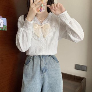 法式襯衫 花邊領襯衫 蕾絲襯衫 雪紡紗襯衫 雪紡襯衫女 甜美早秋新款上衣法式蝴蝶結設計感蕾絲v領長袖寬鬆別緻襯衫