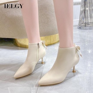 IELGY 尖頭細高跟純色側拉鍊高階時尚蝴蝶結短靴女