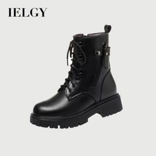 IELGY 黑色真皮馬丁靴女踝靴中跟堆冬季新款棉鞋粗跟